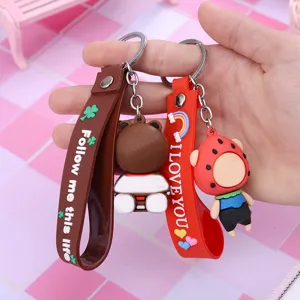 Cute cartoon silicone keychain pair with cute bear and strawberry charm for bag backpack gift