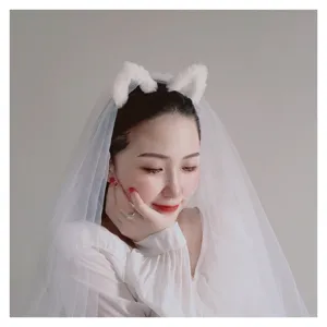 Cute white fluffy cat ear headband with tulle veil sweet cosplay hair accessory for girls