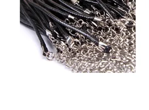 Detail shot of black waxed cord necklaces with silver chains and clasps for jewelry DIY.