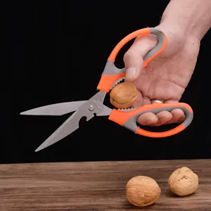 Multi-functional kitchen scissors with stainless steel blade and orange ergonomic plastic handle