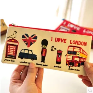 Canvas London theme pencil case with cute double decker bus and guards print for students.