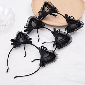Black lace cat ear headband with cute bow, sweet minimalist hair hoop for daily wear detailing.