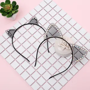 Cute rhinestone cat ear headband for women, stylish black mesh hair hoop for daily wear.