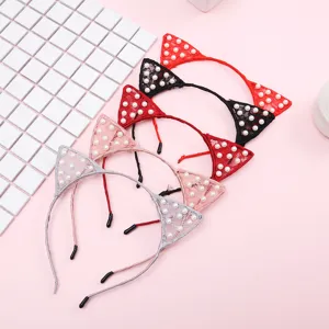 Lace cat ear headband detail showing sweet pearl decoration, perfect for daily wear.