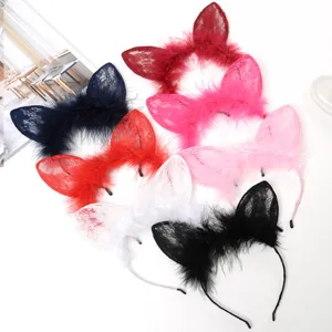 Lace feather cat ear headband cute sweet hair hoop women face washing hair accessory set.