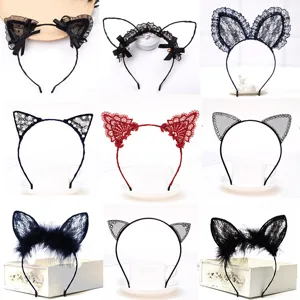 Sweet Cute Lace Cat Ears Headband For Women Makeup Washing Face Hair Band Rhinestone Artificial Pearl Animal Hair Accessories Party Decoration