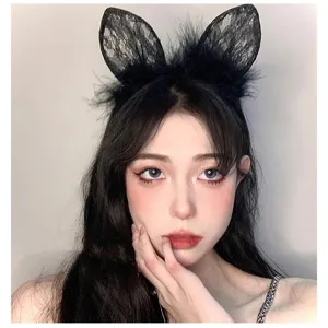 Cute black lace feather cat ear headband sweet hair hoop minimalist fashion hair accessories.