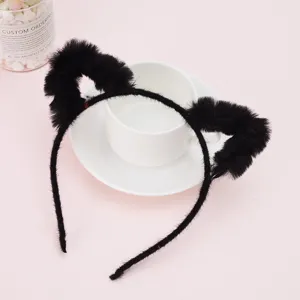 Black fluffy cat ear headband cute plush hair accessory detail view for cosplay daily wear
