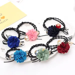 Colorful fabric flower hair ties with faux pearls and gold leaves, elegant hair accessories set.