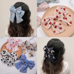 Sweet Big Bowknot Hair Clip Chiffon Satin Floral Heart Print Spring Clip Oversized Hair Barrettes Headwear Ribbon Hair Accessories For Women