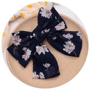 Navy blue floral chiffon bow hair clip, sweet large hair accessories for women and girls.