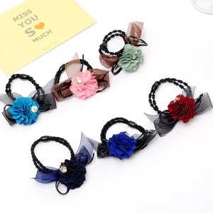 Fabric flower bow hair ties with sparkling rhinestones, elegant hair accessories for daily wear.