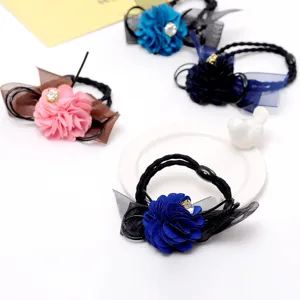 Fashion fabric flower hair ties with rhinestones, elegant cute scrunchies for women and girls.