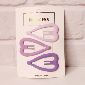 Heart shape snap hair clips set, purple tone gradient metal bobby pins, detailed card display.