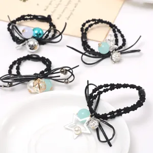 Elegant black hair ties with cute charms pearls stars metal frames, stylish ponytail holders.