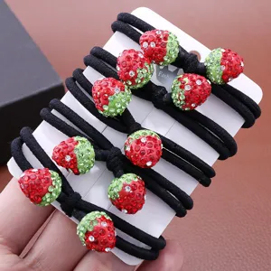 Cute Rhinestone Strawberry Hair Ties Elastic Rubber Band Glitter Fruit Hair Rope Sweet Hair Accessories For Kids Women Daily Styling Jewelry
