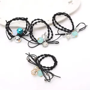 Black hair ties set with leather bows and pearl bead charms for women and girls daily wear.