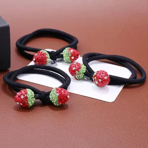 Crystal rhinestone strawberry hair ties black elastic rubber bands hair accessories detail