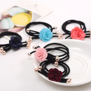 Fabric rose flower hair tie with metallic bead details elegant elastic hair rope for women