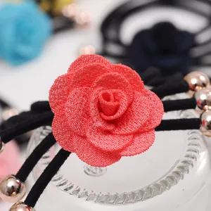 Floral hair tie with red rose fabric flower and metal bead decorations for women and girls.