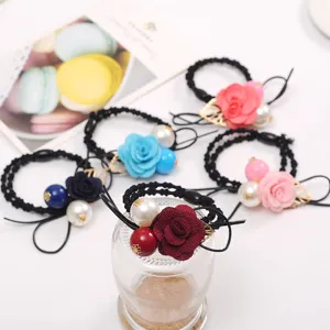 Elegant fabric rose hair ties with large pearls and gold leaf charms, multi-color elastic hair ropes.