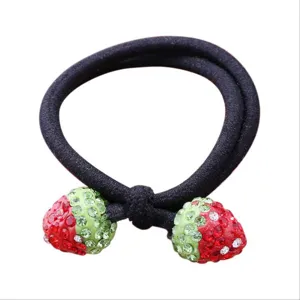 Black elastic hair tie with dazzling red and green rhinestone strawberry charms for women daily.