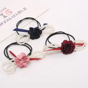 Korean style elegant floral pearl hair rope elastic hair band for women girls fashion accessories