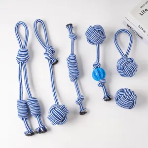 Detailansicht von blau-weißen geflochtenen Baumwollseil-Hundekauspielzeug, Haustierzubehör.
