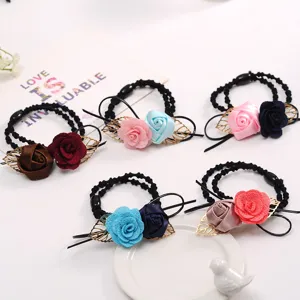 Floral hair ties with metal leaves, multi-color fabric rose hair ropes for women and girls daily styling.