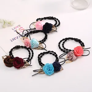 Floral rose hair ties with metal leaf decor, elastic black hair bands for women and girls daily wear.