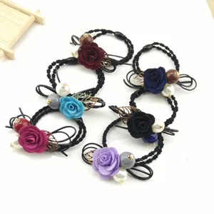 Floral rose hair ties with pearls and fabric flowers, stylish elastic hair rope for women.