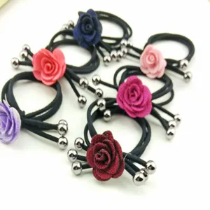 Colorful fabric rose flower hair ties with metal beads, elastic hair bands for daily wear.