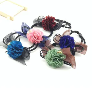 Fabric flower hair ties with mesh bows, colorful elastic hair ropes for daily styling.
