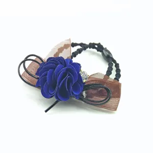 Blue fabric flower hair tie with brown organza bow elastic hair rope accessory for women