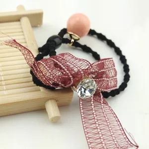 Elegant hair rope with mesh bow, pink pearl and sparkling crystal rhinestone charm for women.