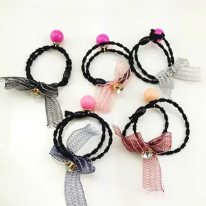 Mesh bow hair ties with pearl and rhinestone accents, colorful elastic hair ropes for women.