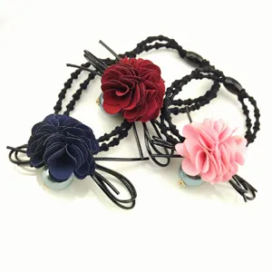 Beautiful fabric flower hair ties with pearls elastic bands for women girls daily wear.