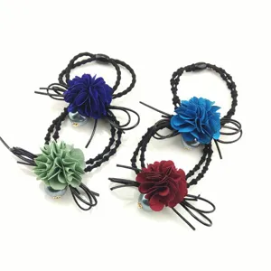 Multicolor fabric flower hair ties with pearl and black elastic rope for women and girls daily styling detail