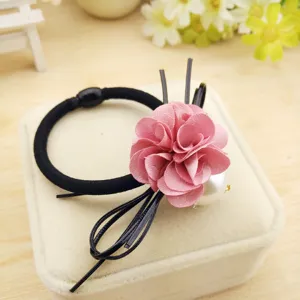 Elegant pink fabric flower hair tie with pearl and black elastic band for women daily hair styling