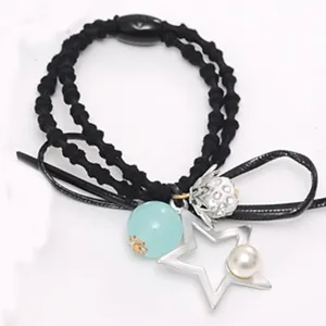 Double layer black hair tie with star pearl and flower charms elegant fashion hair accessory