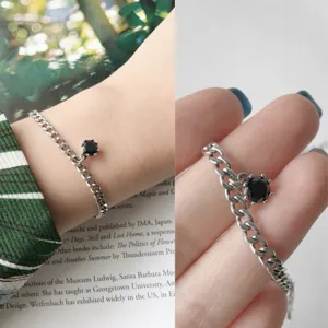 S925 sterling silver black zirconia curb chain bracelet, vintage retro chic minimalist jewelry.