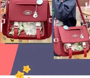 Detailed view of sweet Japanese college style messenger bag, large capacity canvas shoulder bag.