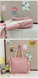 Cute student style pink white tote bag large capacity ita bag commuter shoulder bag for daily school