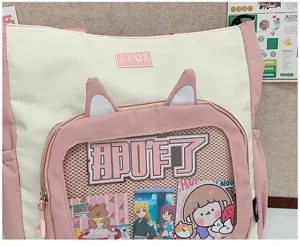 Detailed view of cute canvas tote pain bag with cat ears, transparent window and anime inserts.