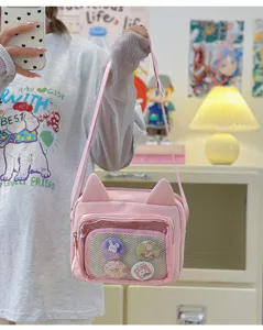 Pink cat ear crossbody bag sweet girl style clear pocket ita bag casual shoulder bag