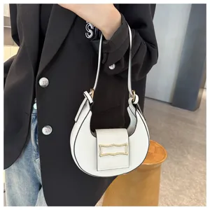 Stylish white crescent shoulder bag for women, trendy underarm bag with chic metal buckle.