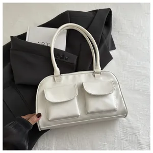 White leather bowling shoulder bag with dual front pockets retro chic daily tote purse