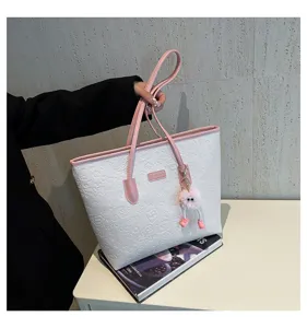 Cute embossed large capacity tote bag for women, stylish contrast color shoulder bag for daily commuting.