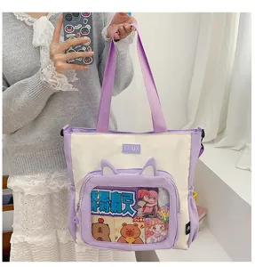 College style cute pain bag canvas tote handbag with transparent pocket for daily commute