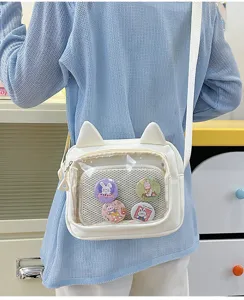 Japanese style cute cat ear transparent ita bag shoulder crossbody bag with cute badges.